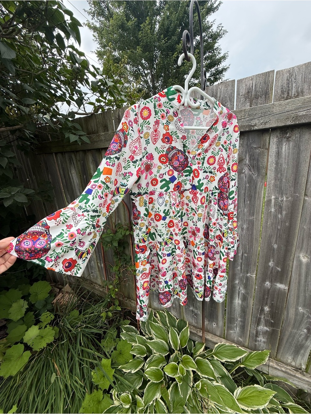 White Floral Print Mini Dress with Bell Sleeves